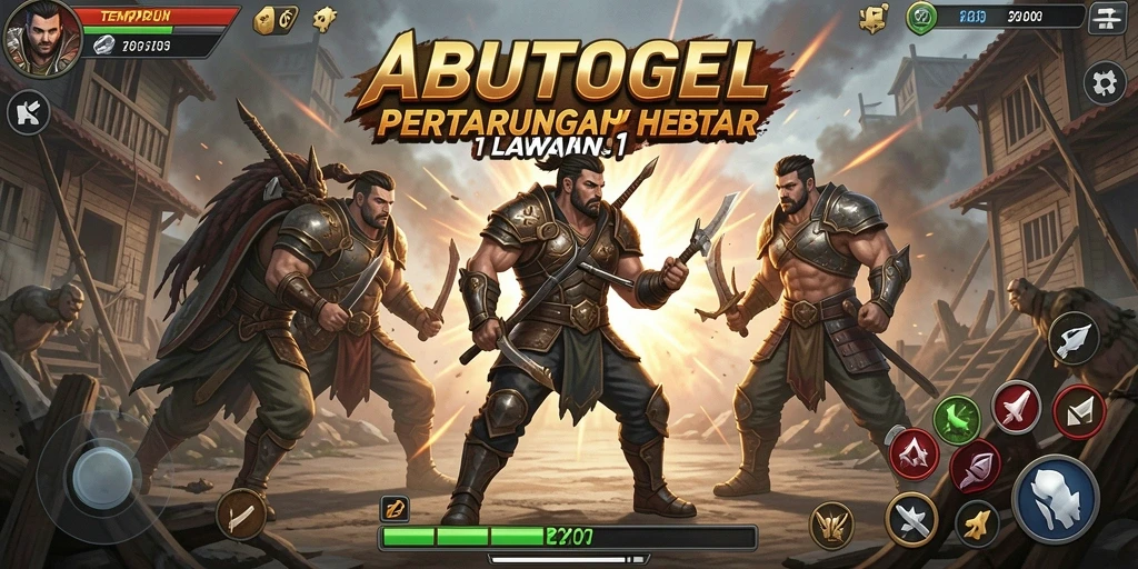 Antarmuka permainan ABUTOGEL yang dinamis dalam Tempur 1 Lawan 1.