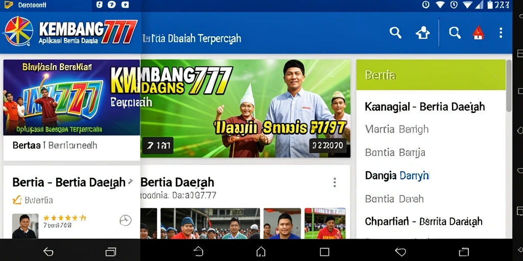 Tampilan antarmuka aplikasi KEMBANG777 yang menampilkan berita daerah terkini.